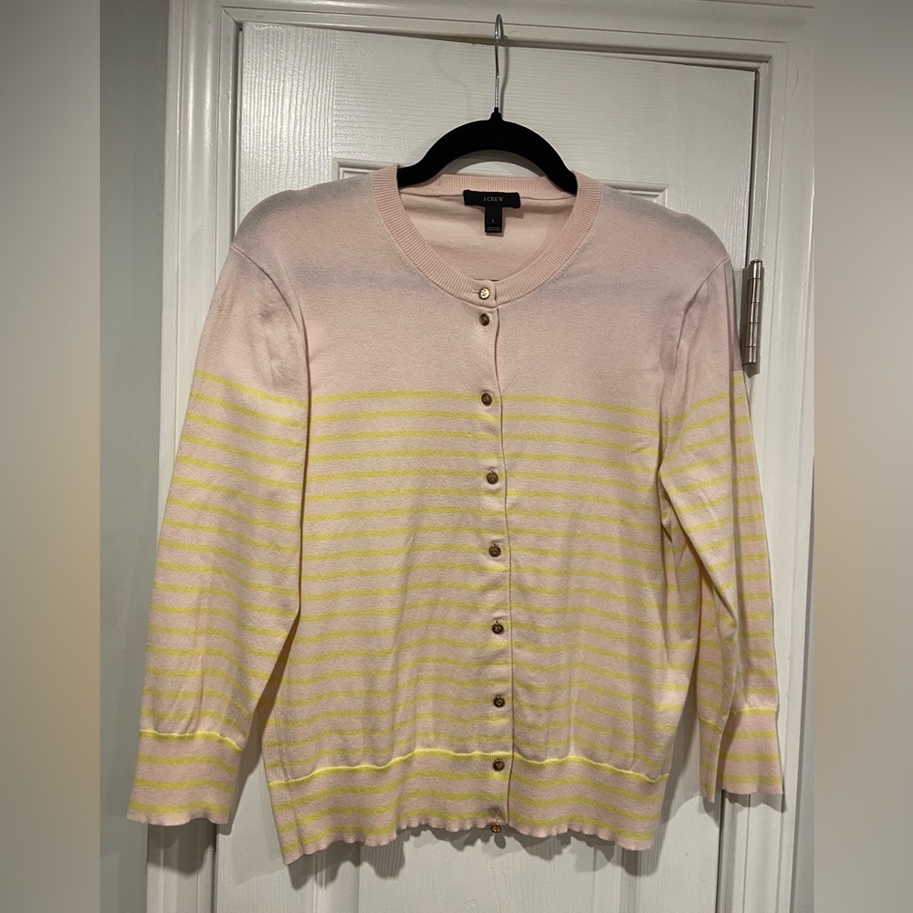 J. Crew Size L Pink Yellow Stripe Crew Neck Nautical Button  Light Cardigan